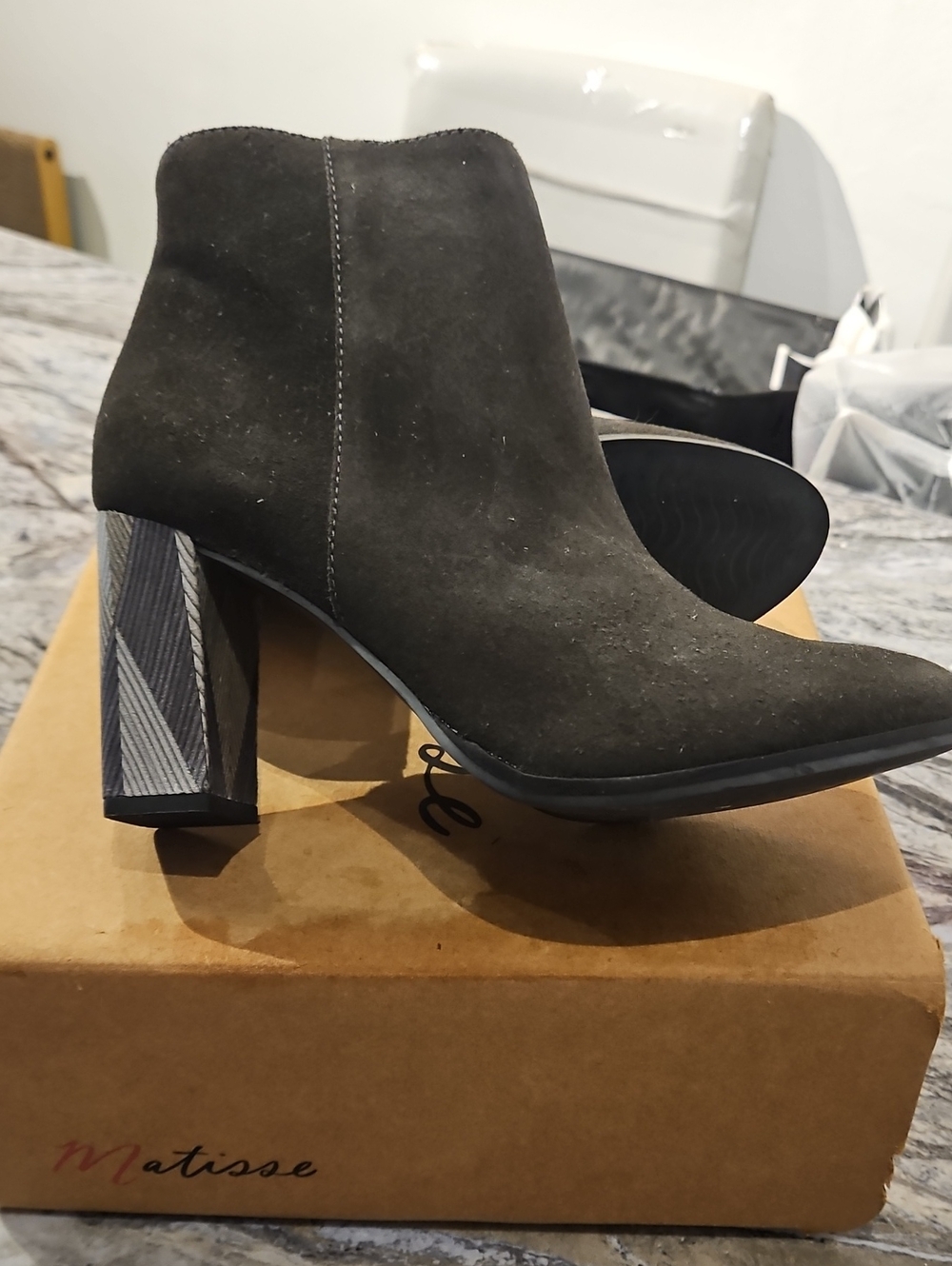 Matisse Charcoal Suede Ankle Boot with Patterned Block Heel